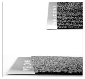 Fußmatte WELCOME Edelstahlschild gelasert mit fest verbundener Untermatte + Ripsmatte anthrazit. Auf die Untermatte können auch individuelle Matten aufgelegt werden.
