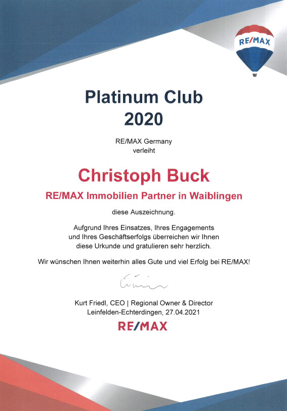 Award Platin Club Urkunde 2020 Christoph Buck REMA Immobilienmakler