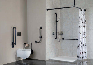 Badambiente Schwarz mit Duschvorhang Jamaica Schwarz-Weiß.jpg