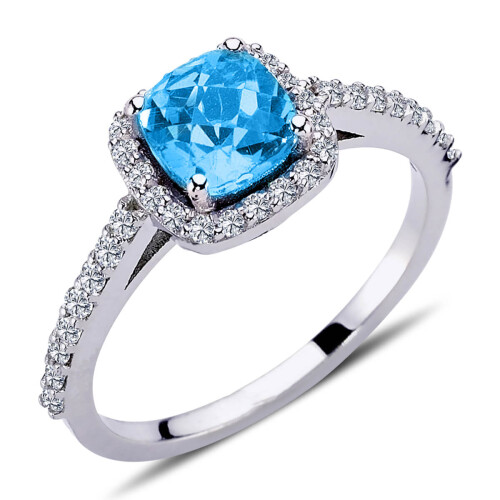 Halo Diamant Cushion cut Blauer Topas Ring 14 Karat Weißgold