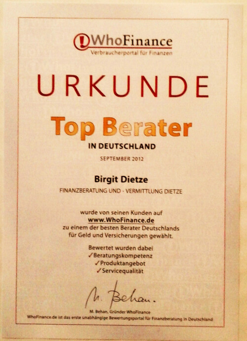 Urkunde von WHOFINANCE für den TOP-Berater