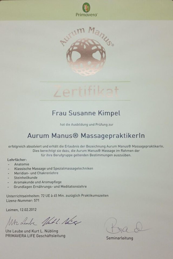 Zertifikat Aurum Manus Massage