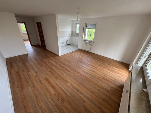 Komplettsanierung einer leerstehenden Wohnung – neuer Vinylboden, frisch verputzte Wände und Malerarbeiten. Küche und Wohnbereich offen gestaltet, bezugsfertig übergeben.