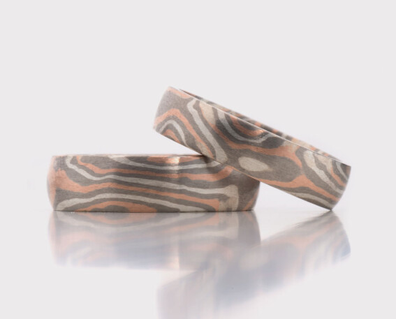 Mokume Gane Trauringe Rotgold/Palladium/Silber