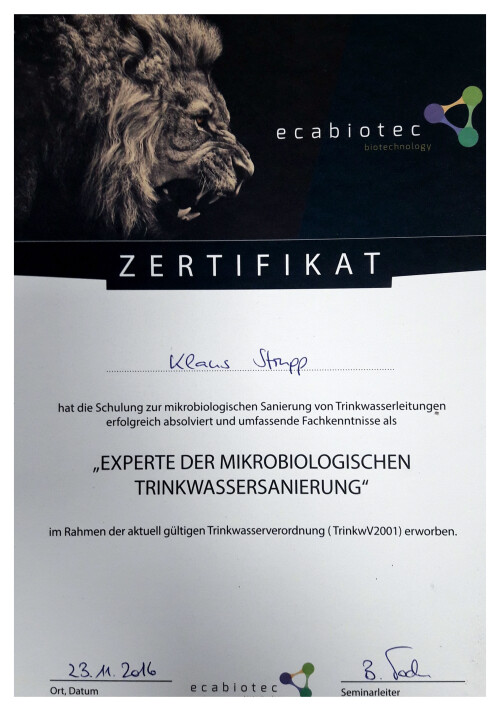 Zertifikat Experte der mikrobiologischen Trinkwassersanierung