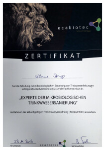 Zertifikat Experte der mikrobiologischen Trinkwassersanierung