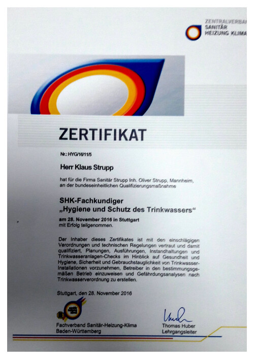 Zertifikat - SHK Fachkundiger "Hygiene und Schutz des Trinkwassers"