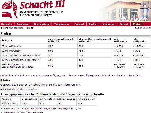 Tagungs- und Gästehaus Schacht3 - Preise