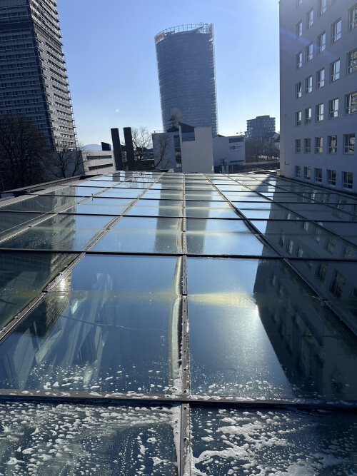 Glasdachreinigung mit schöner Aussicht.