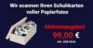 Wir scannen Ihren Schuhkarton voller Papierfotos in eine hochauflösende Qualität ein. Ihre Digitalisierten Bilder können somit in Fotobücher, Poster, Leinwände verwendet werden.
