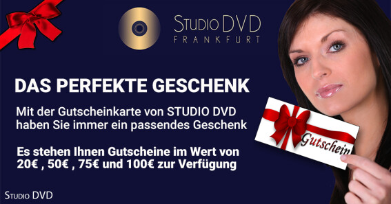 DAS PERFEKTE GESCHENK Mit der Gutscheinkarte von STUDIO DVD haben Sie immer ein passendes Geschenk. Es stehen Ihnen Gutscheine im Wert von 20€, 50€, 75€ und 100€ zur Verfügung