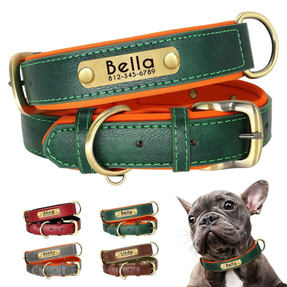 TRENDMOPS MANDIAGO - Personalisiertes Hundehalsband aus Leder mit Namensschild: weich gepolstert & verstellbar